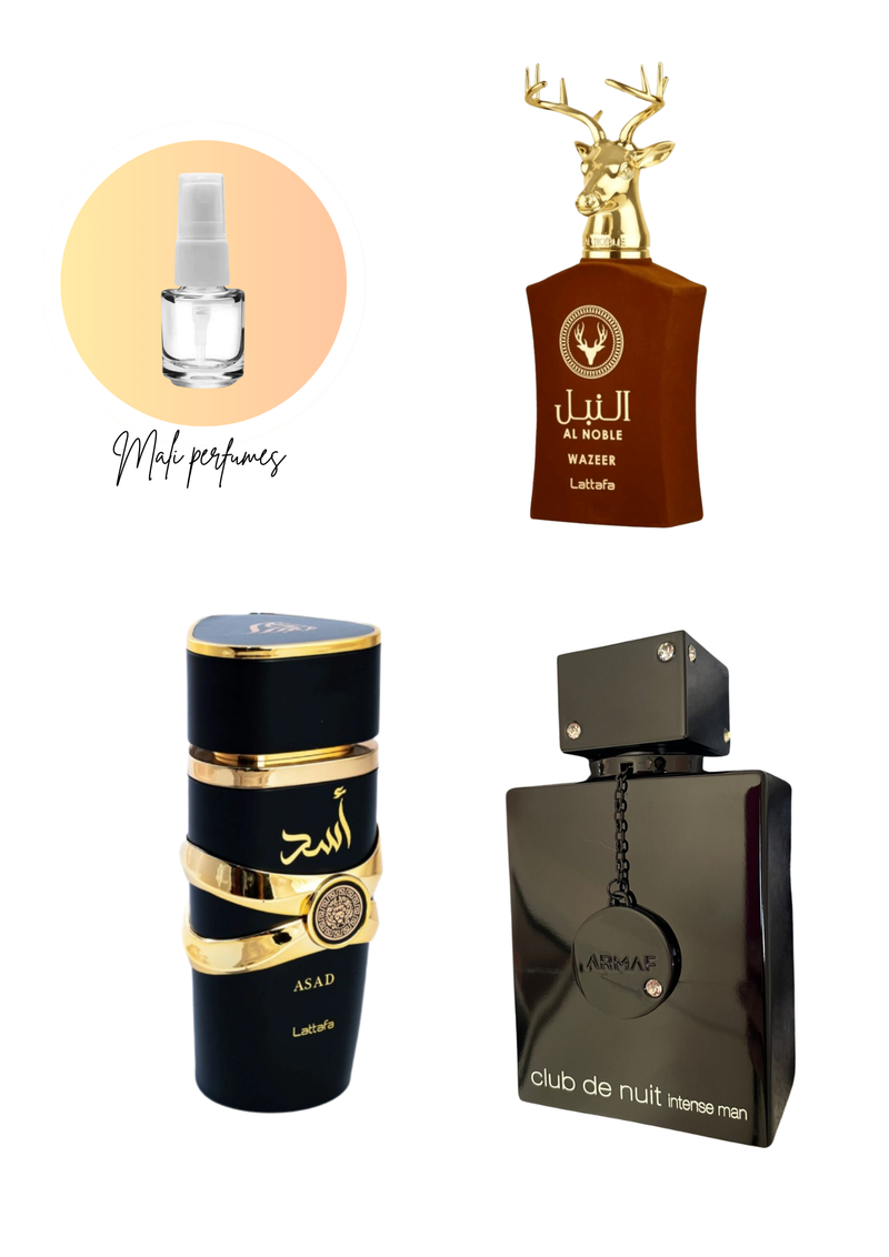 Combo Sedutores  Masculino 3x5ml – Al Noble Wazeer + Asad Lattafa + Club de Nuit- DECANTS